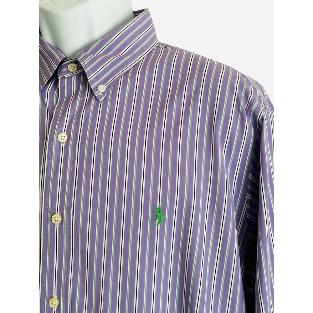 Polo Ralph‎ Lauren Men Shirt Purple Stripe Custom Fit LS Green Pony 17 34/35 XL
